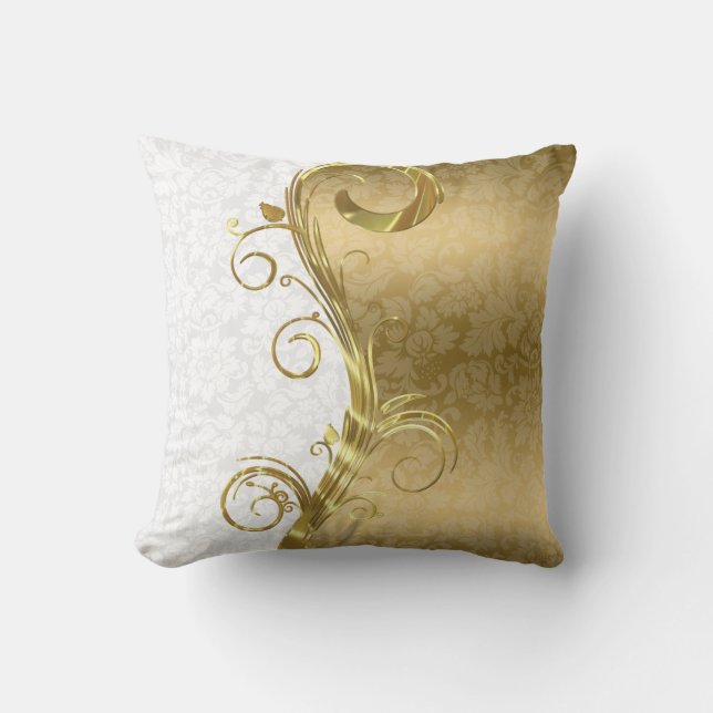 Coussin Élégant blanc Damas brunes d'or (Recto)