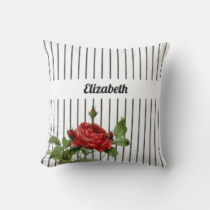 Coussin Élégant blanc et noir Roses et nom