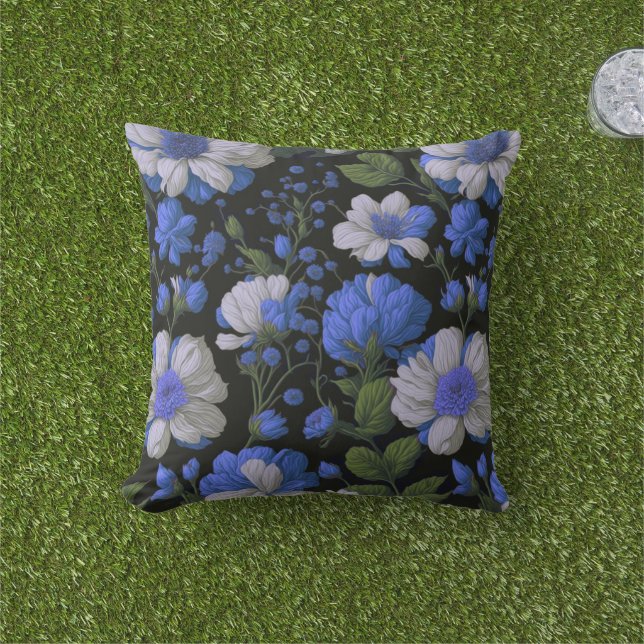 Coussin Elégant bleu argenté blanc élégant floral rétro (Herbe)