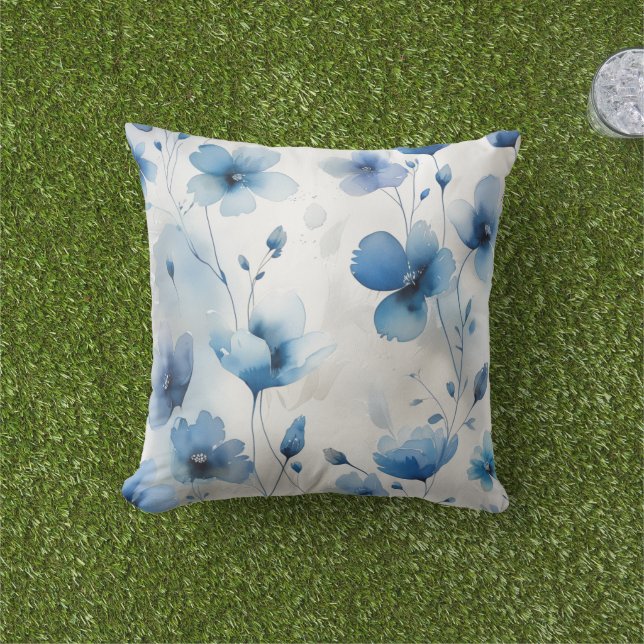 Coussin Elégant bleu blanc floral argent (Herbe)