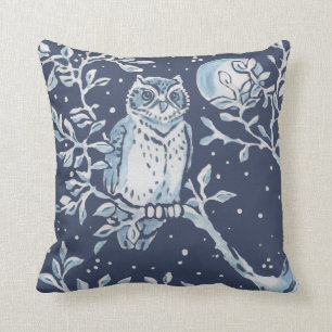 Coussin Elégant Bleu Blanc Forêt Chouette Lune Woodland Ar