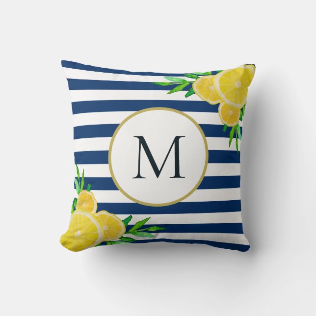 Coussin Elégant bleu blanc rayures Citron Monogramme été (Recto)