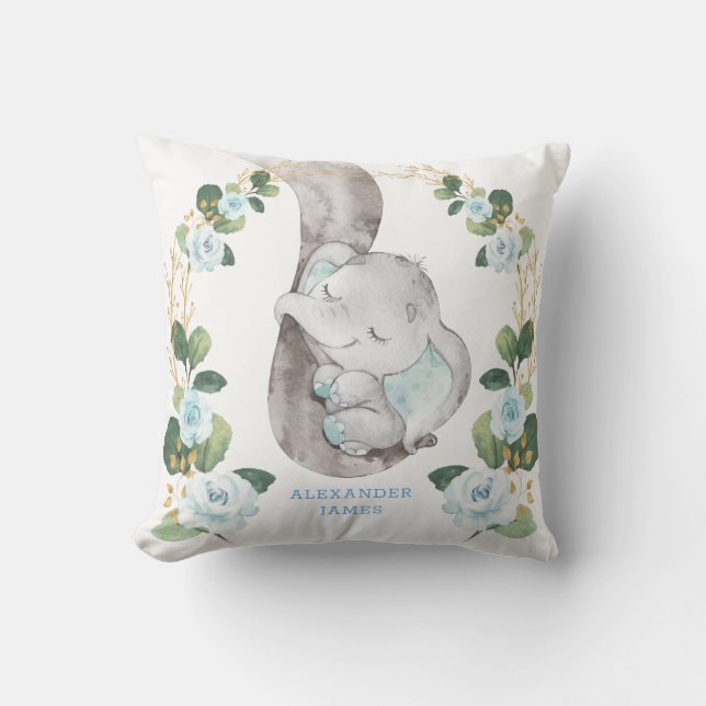 Coussin Élégant bleu doux Roses bébé éléphant garçon infir (Recto)