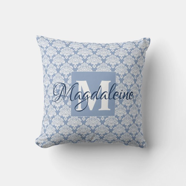 Coussin Élégant bleu Dusty Damask Monogramme & Nom (Recto)