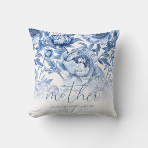 Coussin Elégant bleu Floral Noms d'enfants Script Mère