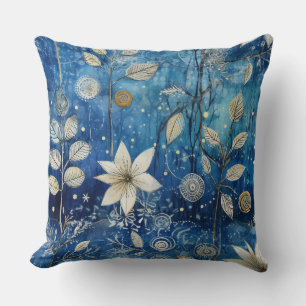 Coussin Élégant bleu indigo botanique d'hiver