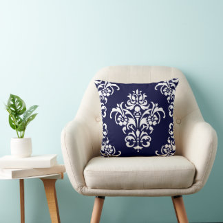 Coussin Elégant bleu marine et blanc Damas