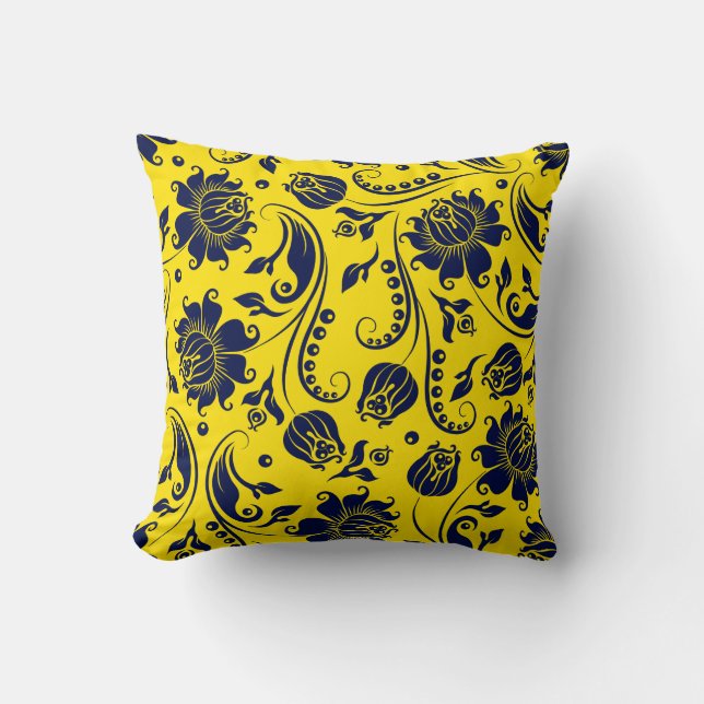 Coussin Elégant bleu marine floral Damas sur jaune clair (Recto)