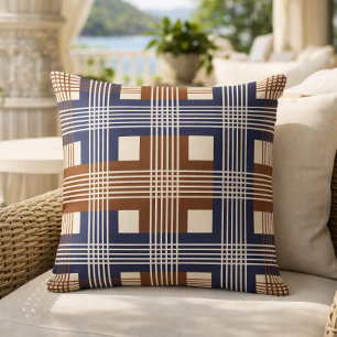 Coussin Élégant bleu marine marron à carreaux géométriques