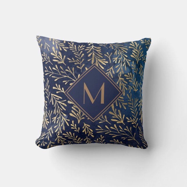 Coussin Elégant bleu marine or Aquarelle Feuille Monogramm (Recto)