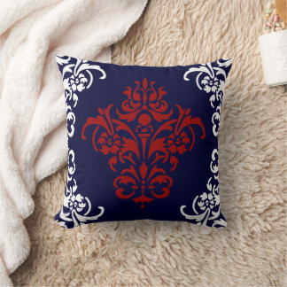 Coussin Elégant bleu marine rouge et blanc Damas