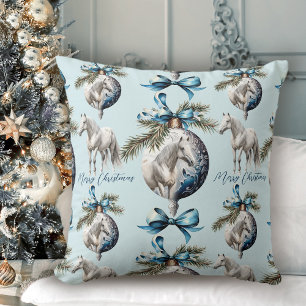 Coussin Élégant bleu Noël blanc cheval motif