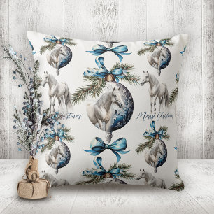 Coussin Élégant bleu Noël blanc cheval motif
