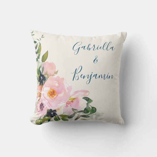 Coussin Elégant bleu rose Floral Aquarelle personnalisée (Recto)