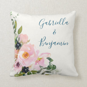 Coussin Elégant bleu rose Floral Aquarelle personnalisée