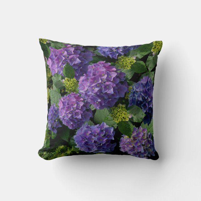 Coussin Elégant bleu violet magenta vert hydrangée florale (Recto)