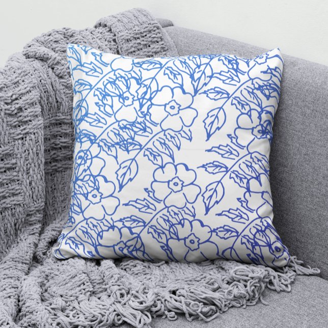 Coussin Élégant BLue Blossom FLoral print motif sur blanc (Créateur téléchargé)