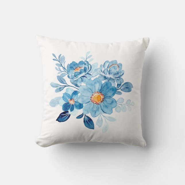 Coussin Elegant Blue Watercolor Floral Throw Pillow Cover, (Recto)