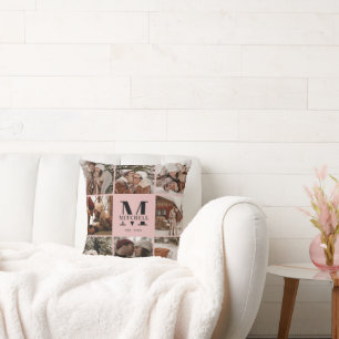 Coussin Élégant Blush Pink Famille Photo Collage Monogramm