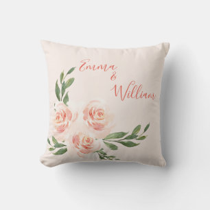 Coussin Élégant Blush rose Floral Noms Mariage de script