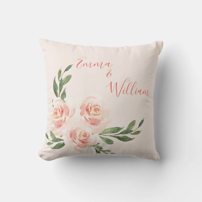 Coussin Élégant Blush rose Floral Noms Mariage de script (Recto)