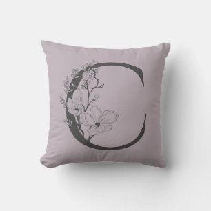 Coussin Élégant C Boho Floral Monogramme initial Lilac Gre