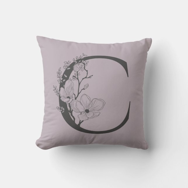 Coussin Élégant C Boho Floral Monogramme Initial Lilac Gri (Recto)