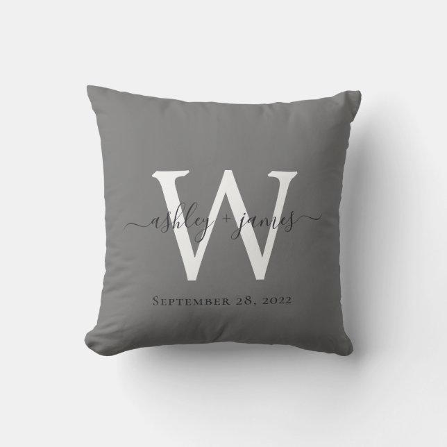 Coussin Élégant Cadeau de Mariage Mémorial Monogramme Gris (Recto)
