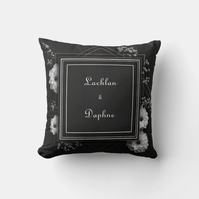 Coussin Elégant cadre de florale noire blanc Mariage de ma (Recto)