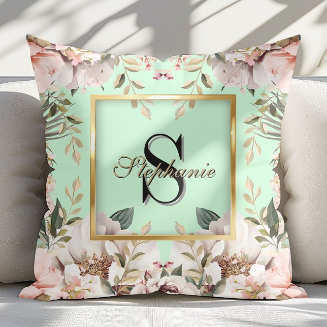 Coussin Elégant cadre en or floral Monogramme vert clair (Créateur téléchargé)