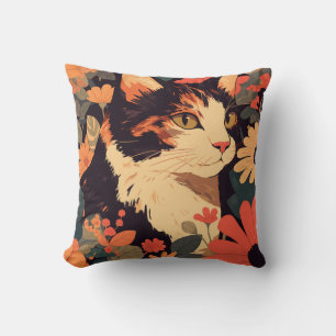 Coussin Elégant Calico Chat dans le jardin floral
