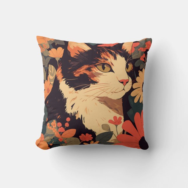 Coussin Elégant Calico Chat dans le jardin floral (Recto)