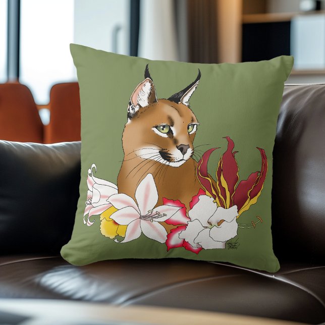 Coussin Élégant Caracal Chat Sauvage Lis Floral Vert (Créateur téléchargé)
