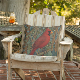 Coussin Elégant cardinal rétro Art Nouveau rouge oiseau