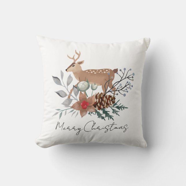 Coussin Élégant Cerf Aquarelle Noël Fêtes (Recto)