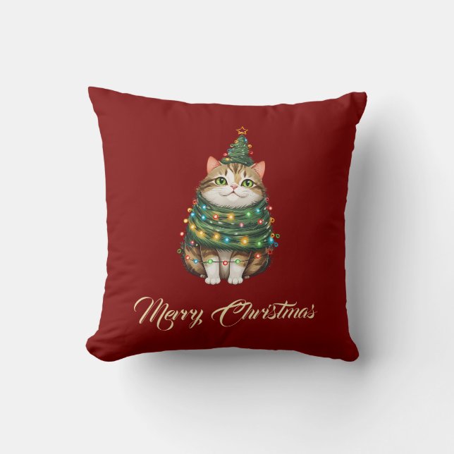 Coussin Élégant Chat Funny Noël Arbre Rouge Vert (Recto)