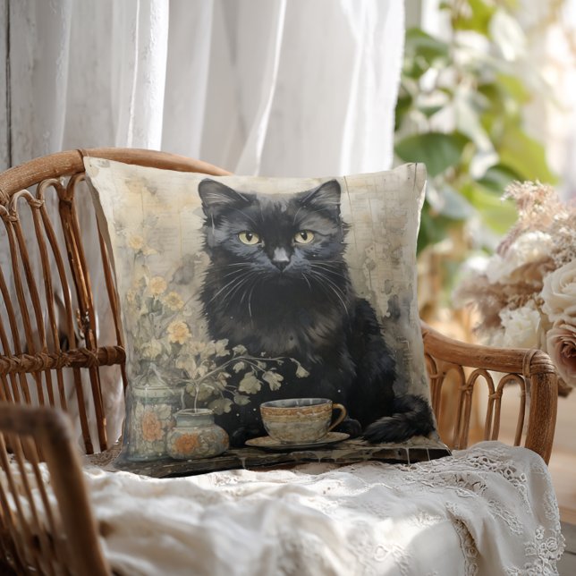 Coussin Élégant chat noir (Shabby Chic Black Cat Throw Pillow)