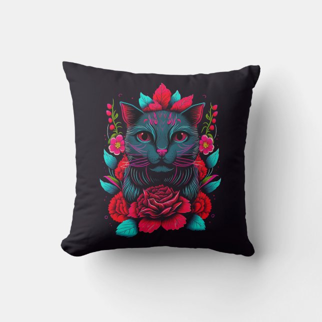Coussin Élégant chat noir entouré de roses rouges | (Recto)
