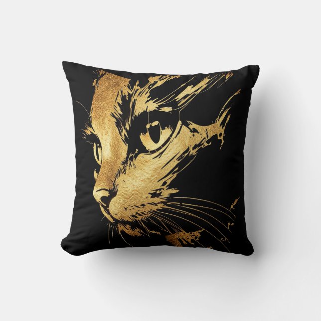 Coussin Élégant Chat Noir et Feuille d'Or Texturée (Recto)