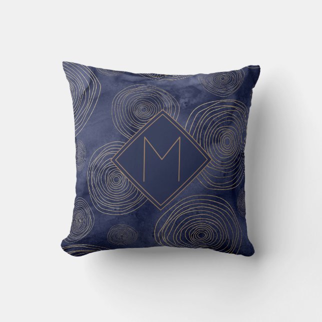 Coussin Élégant Chic Bleu Nuit Or Aquarelle Monogramme (Recto)