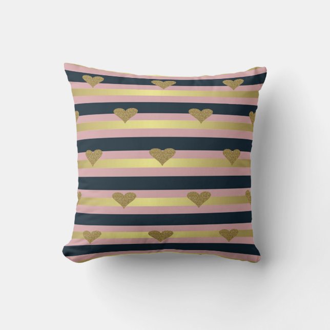 Coussin Élégant Chic  Cœurs Pailletés Faux Or Sur Rayures (Recto)