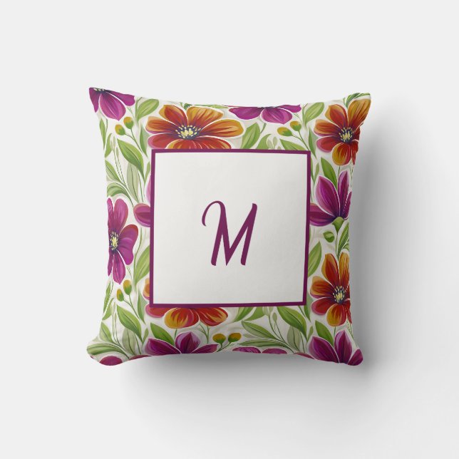 Coussin Élégant Chic Monogramme Floral de Printemps  (Recto)
