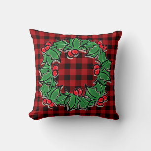 Coussin Élégant classique de Noël Red Plaid Holly baies