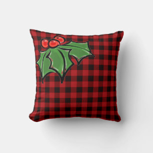 Coussin Élégant classique de Noël Red Plaid Holly baies