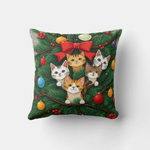 Coussin Élégant Classique Drôle Chat Arbre de Noël Rouge V