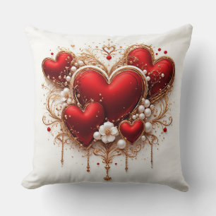 Coussin Elégant Coeurs rouges avec Golden Floral Détails