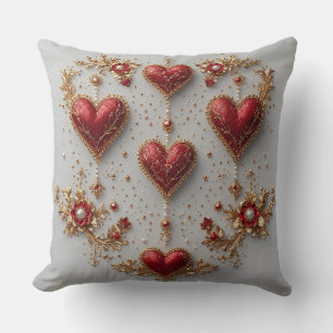 Coussin Elégant Coeurs rouges avec Golden Floral Détails