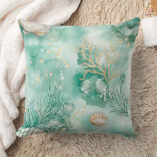 Coussin Elégant Corail Or & Coquillages Aquarelle Art