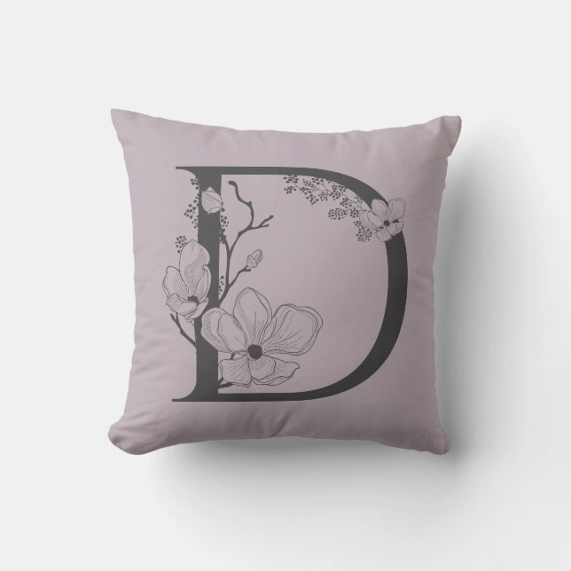 Coussin Élégant D Boho Floral Monogramme Initial Lilac Gri (Recto)