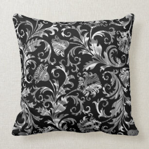 Coussin Élégant Damas Floral Noir Et Argent